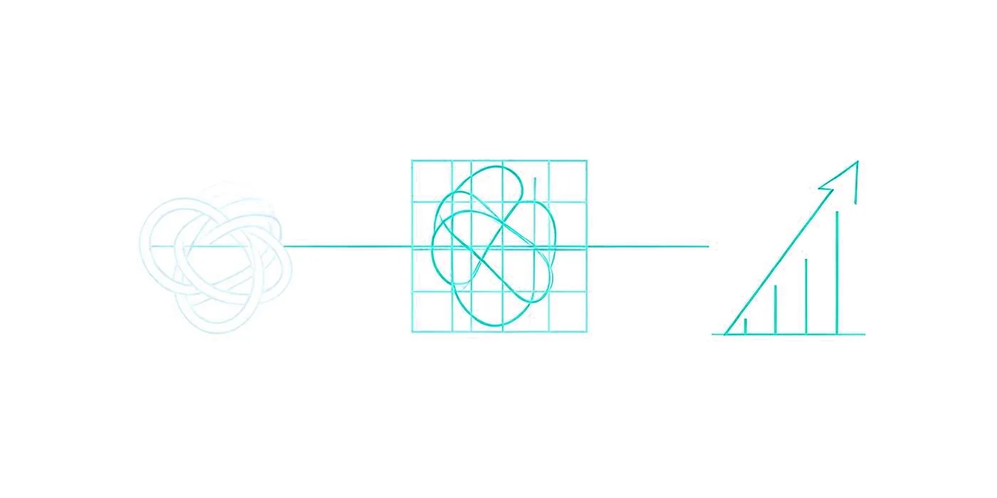 Problem, solution and growth shown as three connected shapes