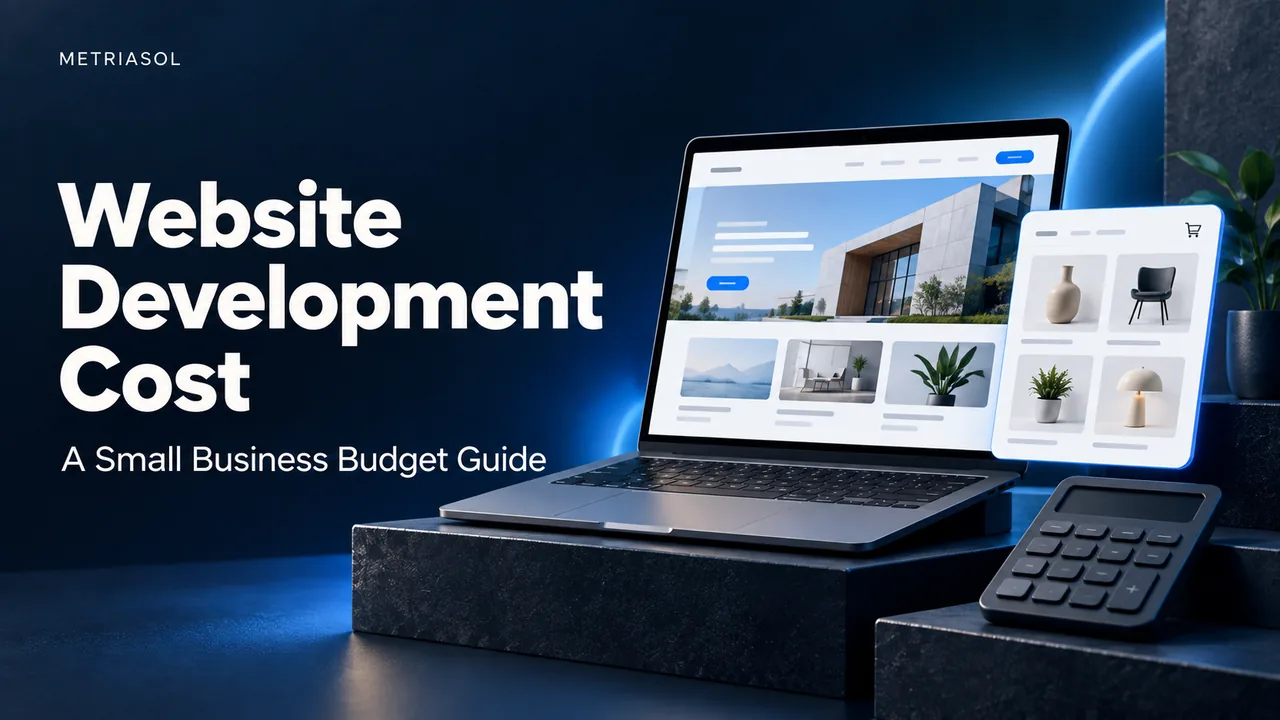 Laptop showing a business website beside an online store preview and calculator on a dark blue background.